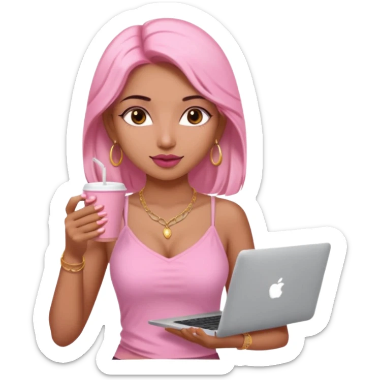 a pretty fair indian bratz girl with a pink cami top, drinking takeaway brown coffee, golden dainty necklace and carrying a white macbook sticker