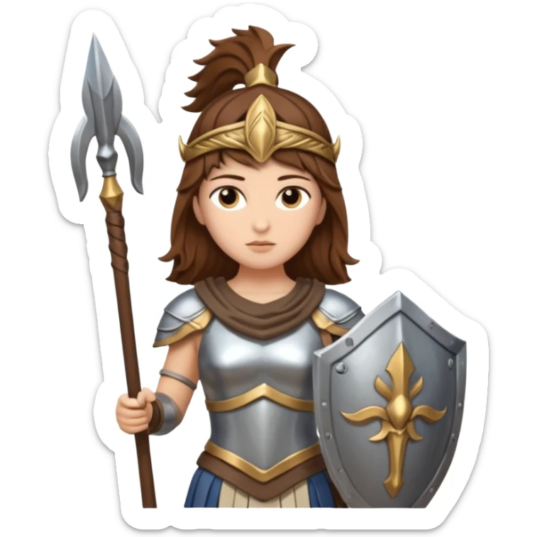 brown haired Athena the Greek goddess of disciplined, strategic warfare, calm, commanding figure leading with intelligence not force. wears light armour carries a spear, symbolising protection precise judgement. strategy, not aggression, embodying clarity, foresight and decisive action. sticker