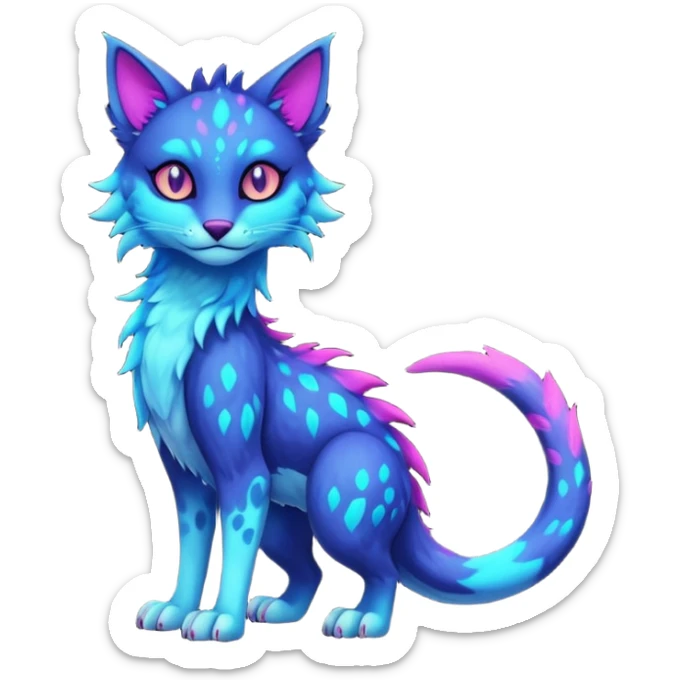 Kawaii dark edgy colorful vibrant neon glowing fantasy feline-vernid-sergal-fursona animal creature with a tufted tail full body with intricate markings  sticker