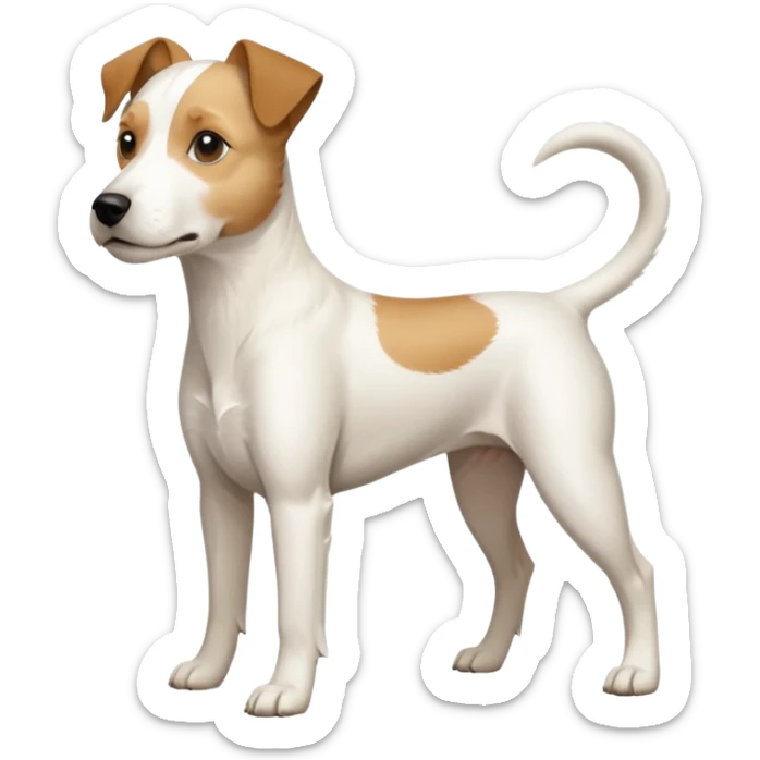 a full body buff white parson russell terrier looking dog the size of a kelpie with light brown long ears and a light brown patch on one eye and a large snout. the rest of the dog is completely white. forward facing sticker