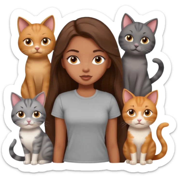 a pretty bratz dusky girl with long brown hair with six cats nd wearing a grey tshirt sticker