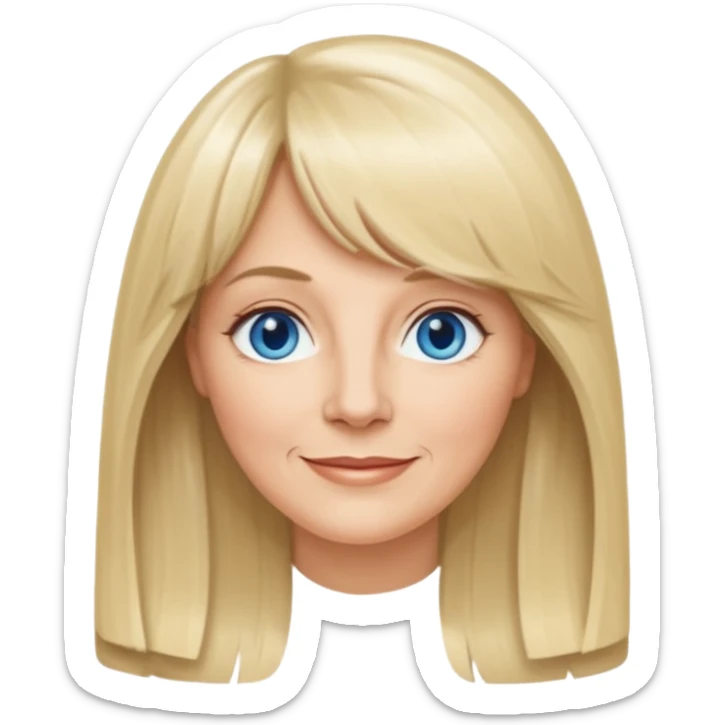 50 yr old white woman, curtain bangs, very long straight blond hair, oval face, small smile, blue eyes sticker