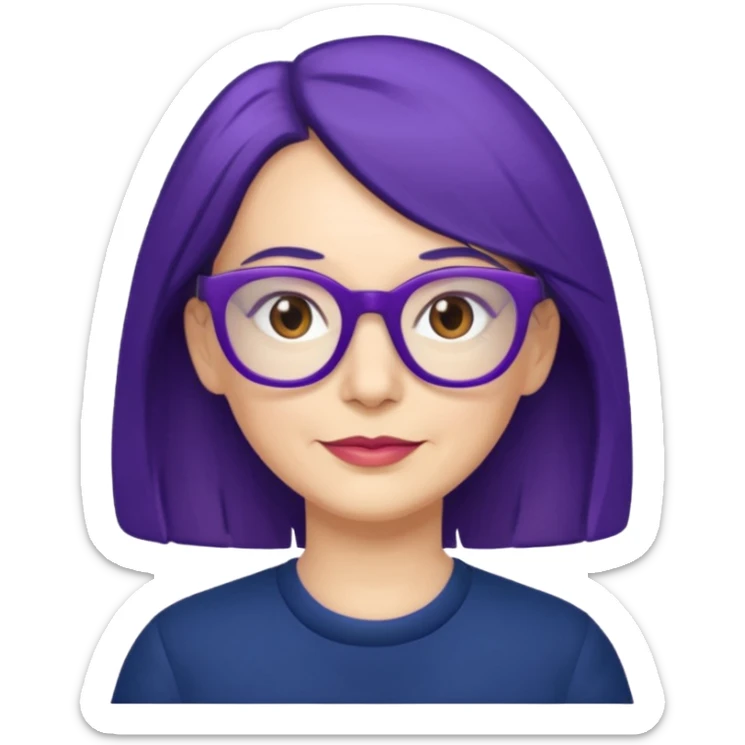 50-year-old woman with purple glasses, brown eyes, and navy blue shoulder-length hair sticker