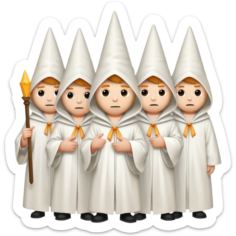 a group of people wearing all white robes, pointed dunce hoods sticker