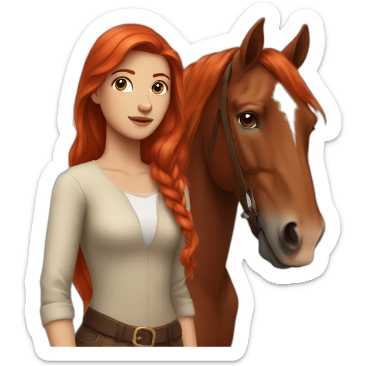 woman with red long hair and a brown horse next to her sticker
