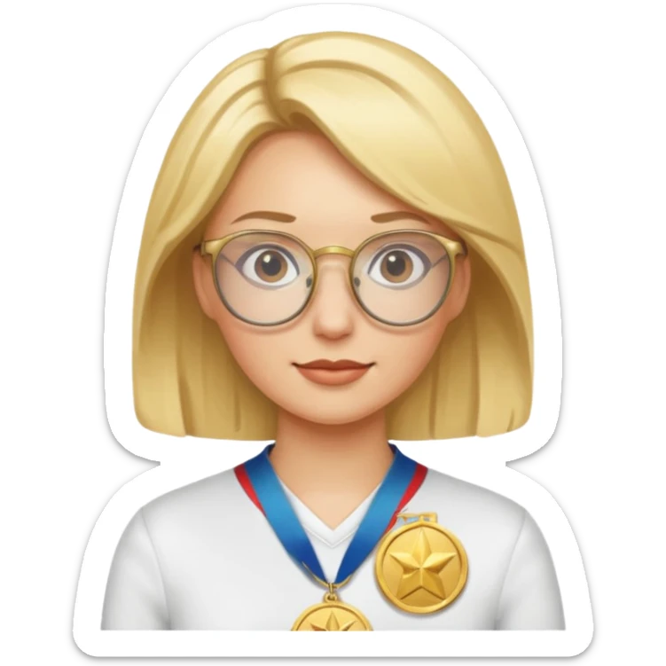 Describe a blonde woman wearing glasses with a gold medal sticker