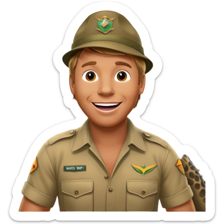 Cinematic Realistic Steve Irwin Portrait Emoji, depicted as a passionate wildlife expert in his signature khaki attire with an enthusiastic smile and a backdrop of the Australian outback, rendered with vibrant textures and dynamic natural lighting that captures his adventurous spirit. sticker