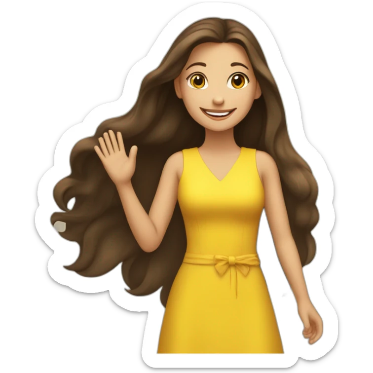 Brunette happy girl with long hair shake her hand for say hi! to someone. She is wearing a yellow dress sticker