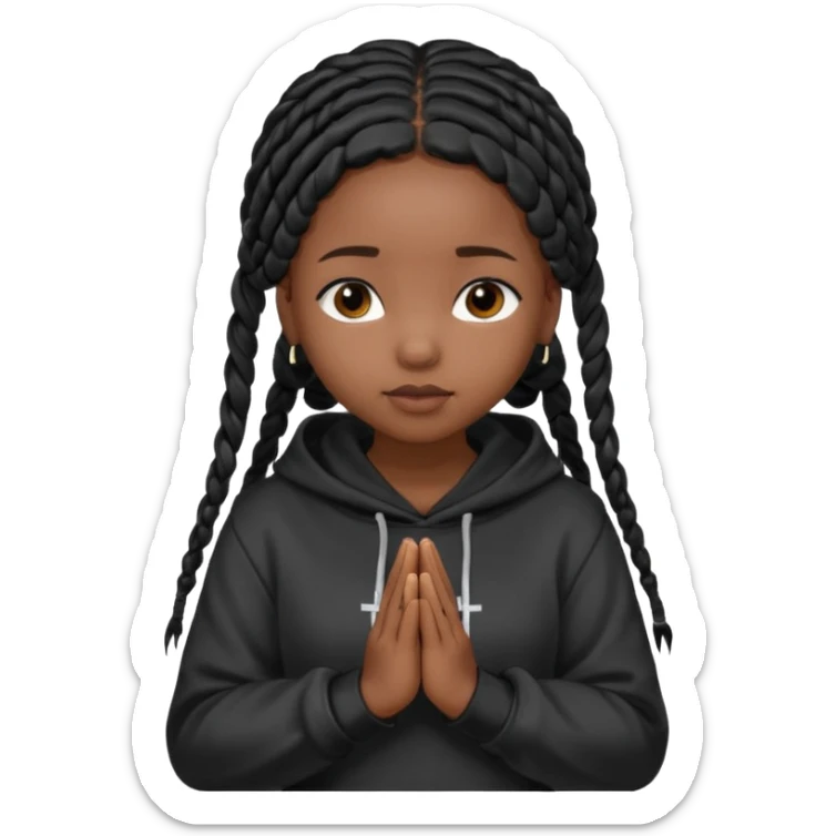 African American girl dark skin with long black box braids and plain black hoodie with prayer hands sticker