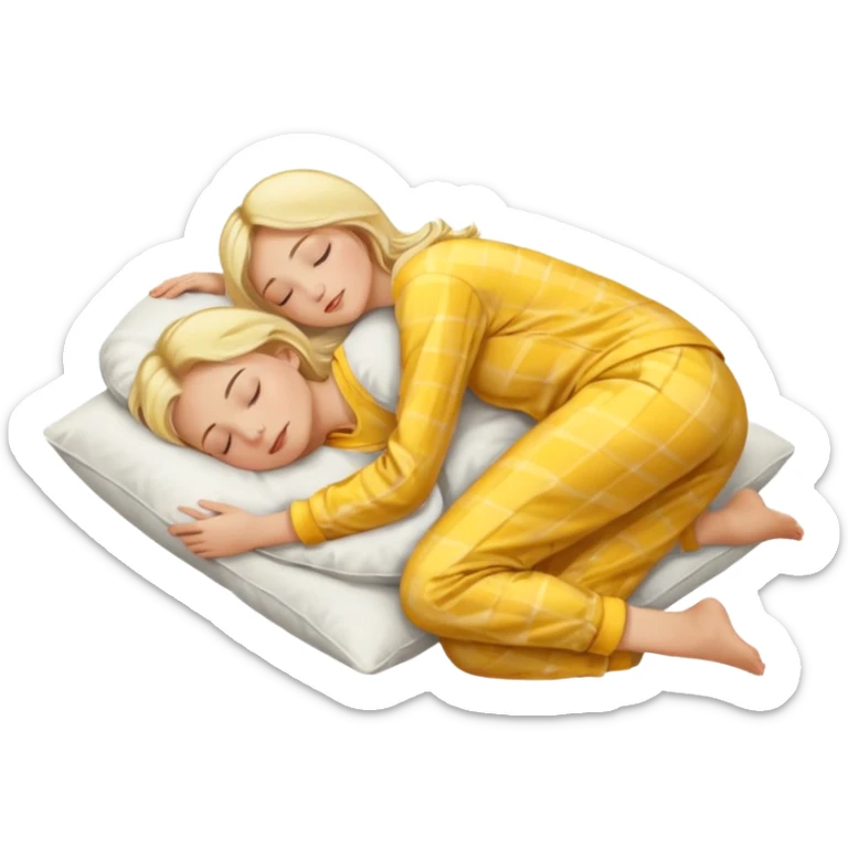 woman with blond hair in yellow pajamas, sleeping on her side on a white pillow, classic iOS emoji style sticker