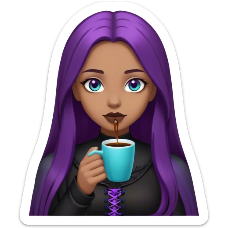 Gothic girl with cyan eyes and long smooth hairbrown. She is dressed in black and violet and drink a very good coffe with love.  sticker