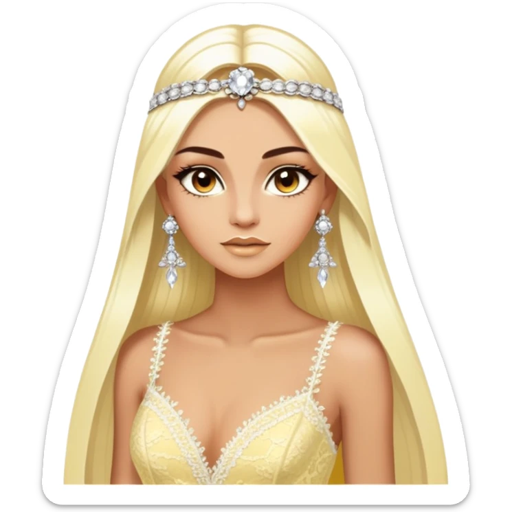 enchantress goddess with brown eyes and tanned skin and super long straight platinum blonde hair wearing a embellished light yellow and white lace gown and diamond chanel earrings sticker