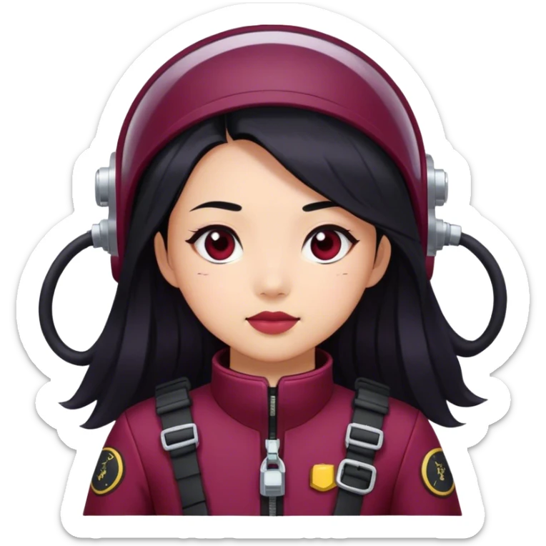 Asian girl with long black hair and black eyes in a burgundy diver guess sticker