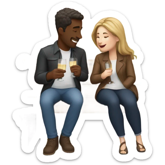couple of white people with brown hair, sitting closely on a park bench, enjoying a romantic moment. One person is holding a croissant, and the other is holding a glass of Prosecco.  sticker