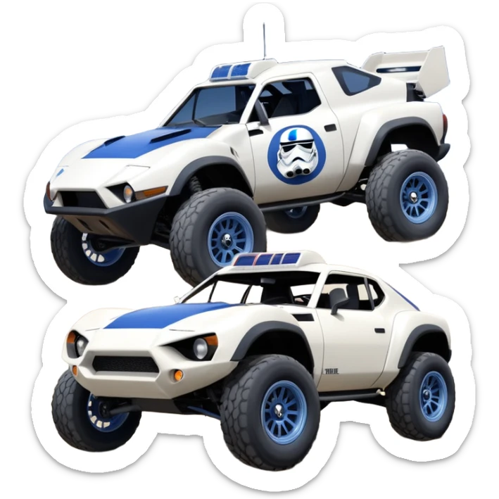 storm trooper evil darkly night blue Dirty and dented Local Motors Rally Fighter off road race car hot rod meets 2013 Toyota 86 trophy truck-style basher flying on a dusty road (silver wheels) sticker