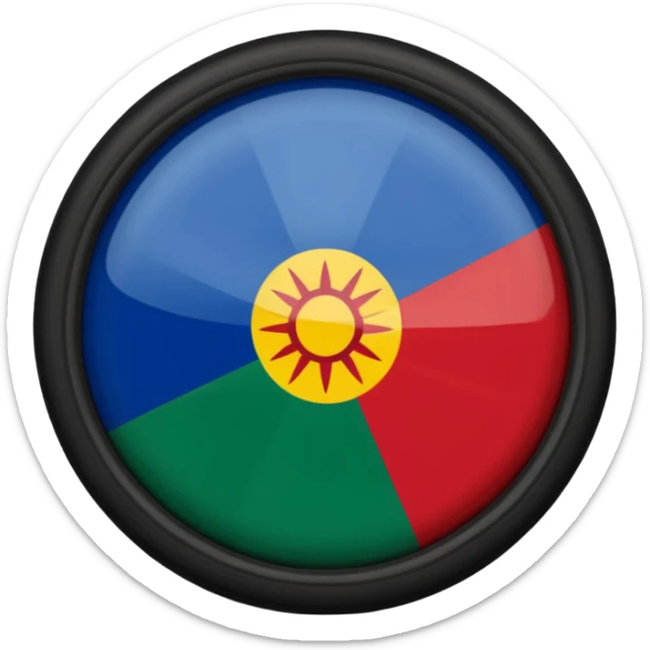 Romani flag with blue and green horizontal stripes and a red spoked wheel in the center sticker