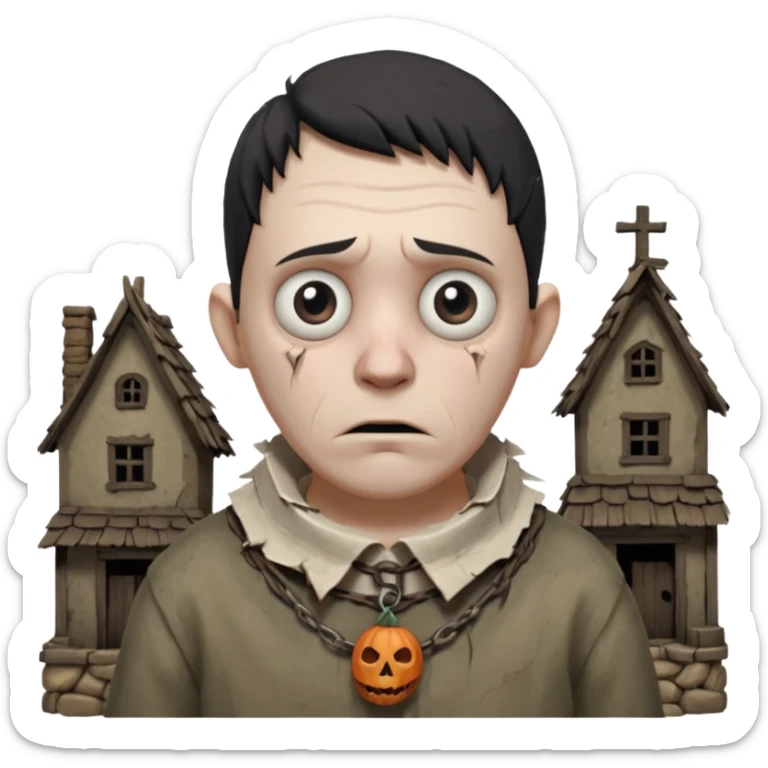 cursed village villager portrait, head and shoulders only, pale skin, torn rustic clothes collar, haunted eyes, eerie atmosphere, 3D cartoon, mobile game icon style, clean background, no text, no watermark

 sticker