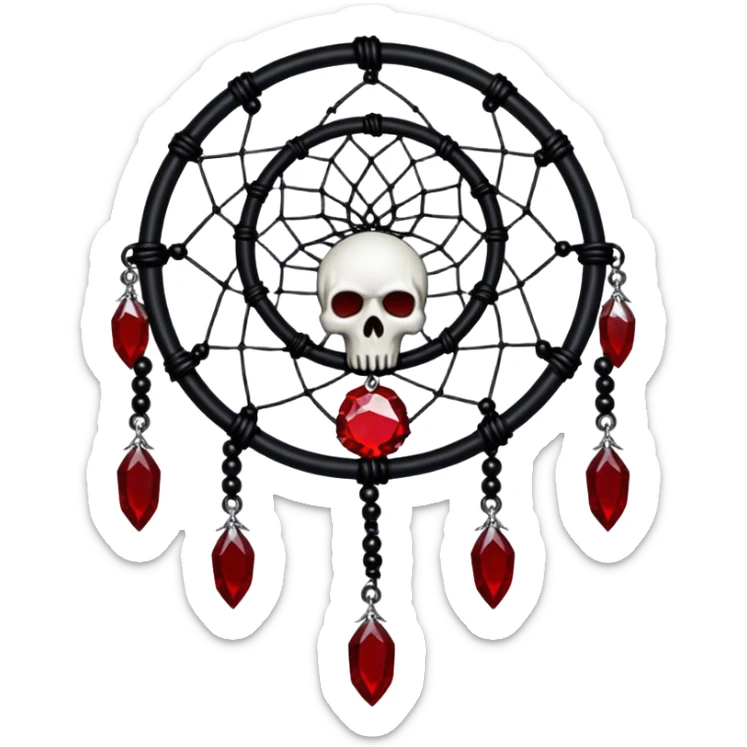 Blood-red, bloody, obsidian-black, edgy, dream catcher, red gemstones, black wires, black threads, tiny white skulls, sticker