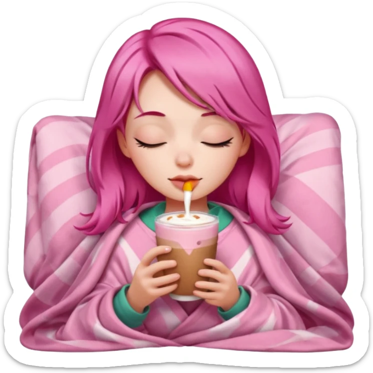 girl with pink hair inside a pink blanket sipping strawberry latte eyes closed emoji to use or share on Discord and Slack. sticker