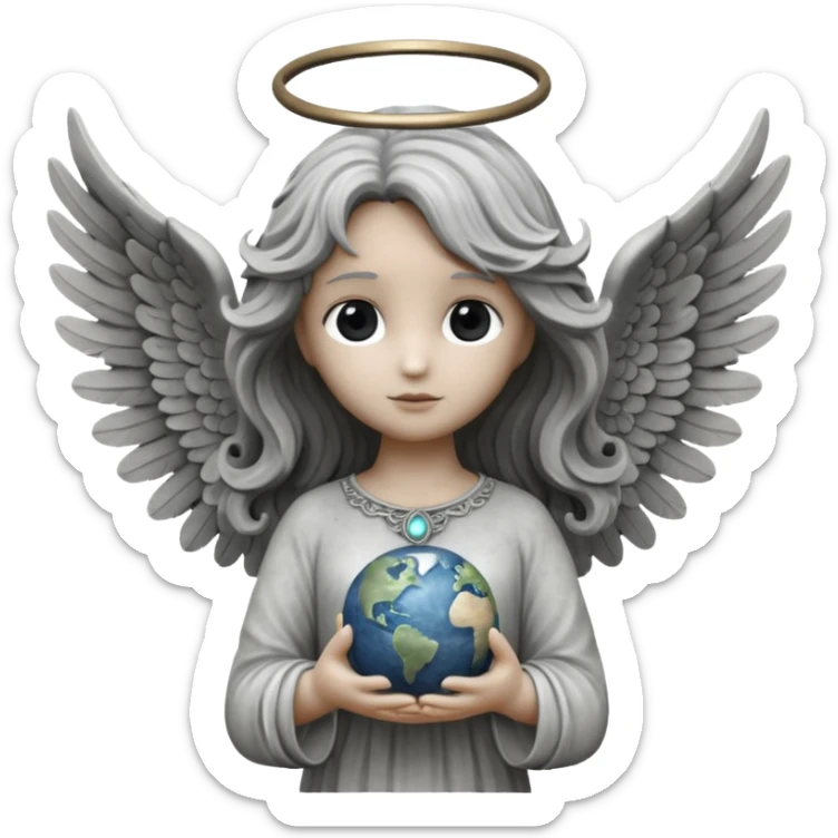 Angel statue (All gray/Rock) long wavy hair hollow eyes feathered wings holding the world (White and Black)  sticker