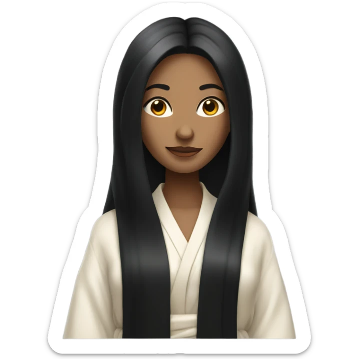 Beautiful slender woman with long black hair stands in a robe sticker