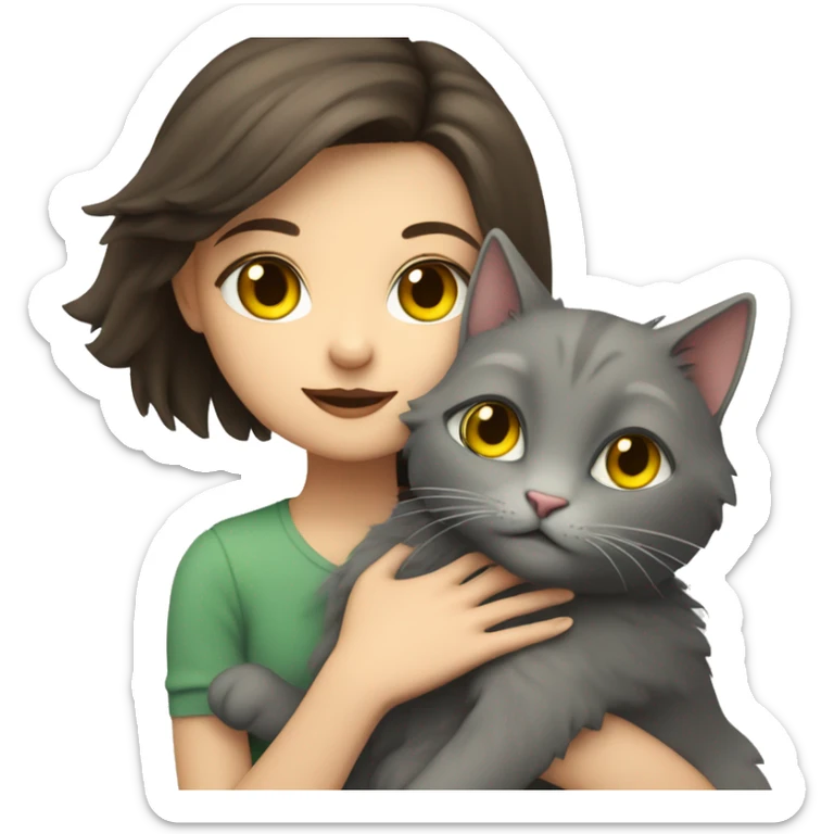 A brunette girl with green eyes and fair skin hugs a gray fluffy cat with yellow eyes sticker