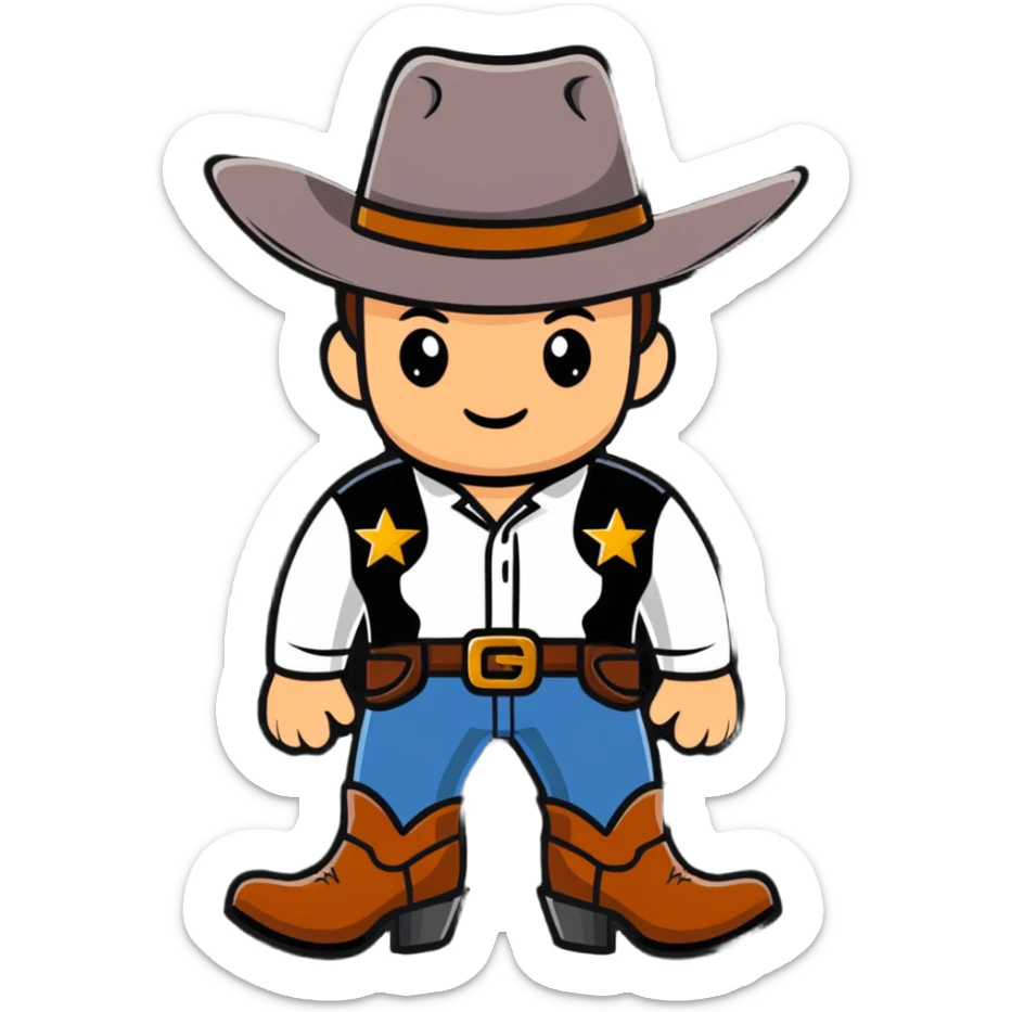 Cowboy with a star on his shirt, wearing a cowboy hat and boots sticker