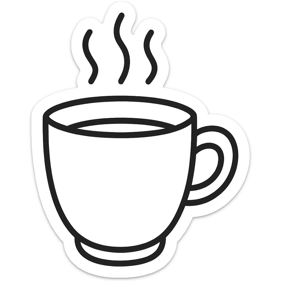 hand-drawn outlined icon of a coffee cup, black outlines, no fill, no color sticker
