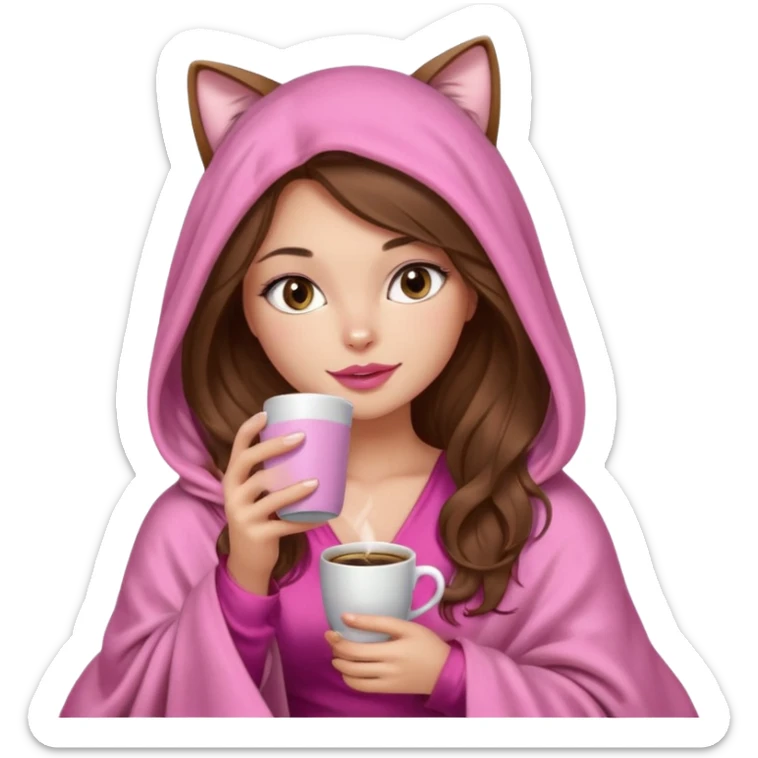girl with long wavy brown hair, brown eyes, long lashes makeup, sexy pink lips, light to medium complexion, wearing a pink sexy silk top, big blanket over the head cozy holding a cat,  drinking coffee sticker