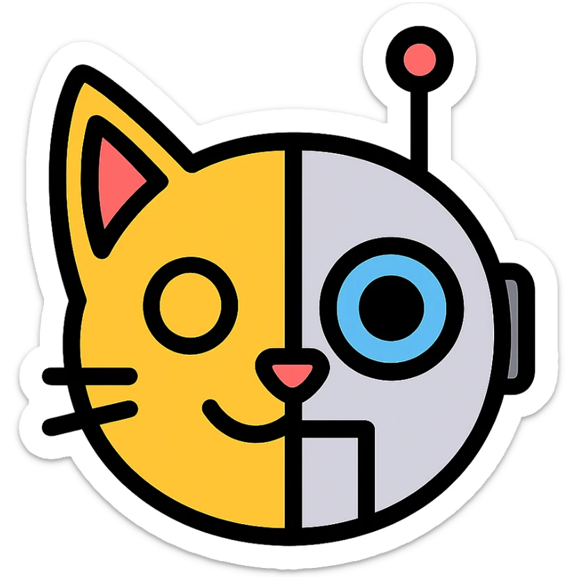 cartoon style emoji mashup of a cat and a robot, flat icon, white background, half cat half robot face sticker