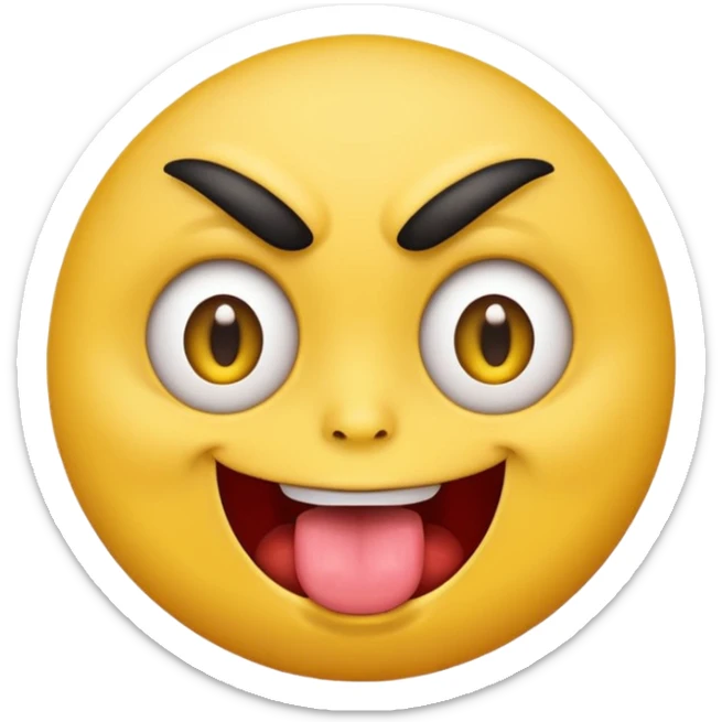 A yellow round face emoji smirking with its tounge out but the eyes are evil and kind of crazy and only one eyebrow is raised higher than the other sticker