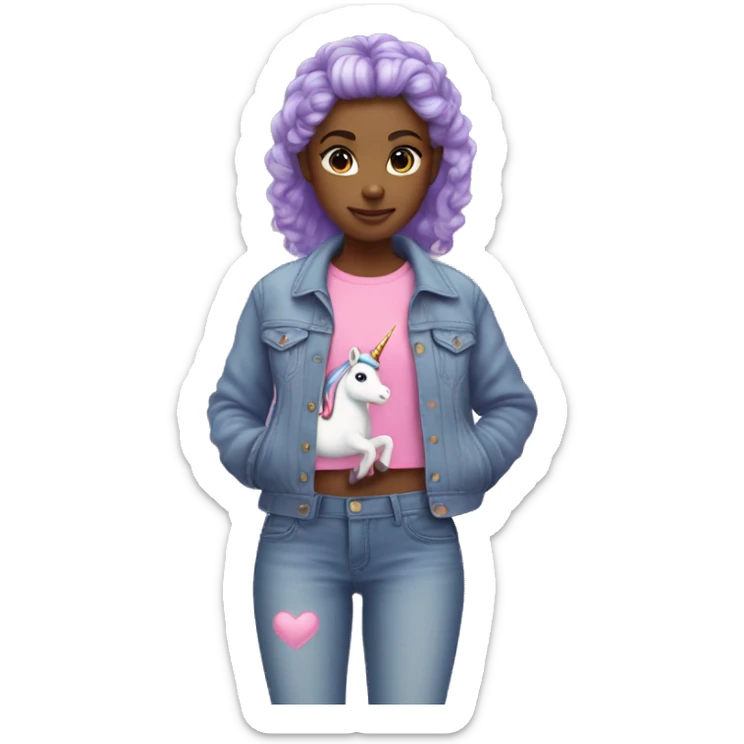 girl with a lavender bun wereing pink jeans, a purple top with a heart,and a jean jacket with a unicorn sticker