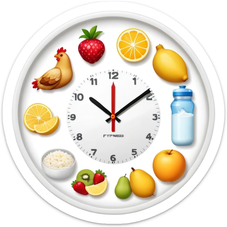 Daily fitness nutrition schedule with water bottle, sun, chicken and rice plate, gym equipment, yogurt, fruit, and sleep symbol arranged in a circle like a clock sticker