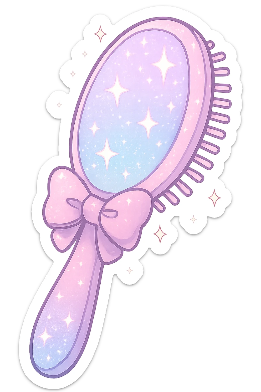 girly sparkling hairbrush with bow, no background, pastel colors, shiny and glittering sticker