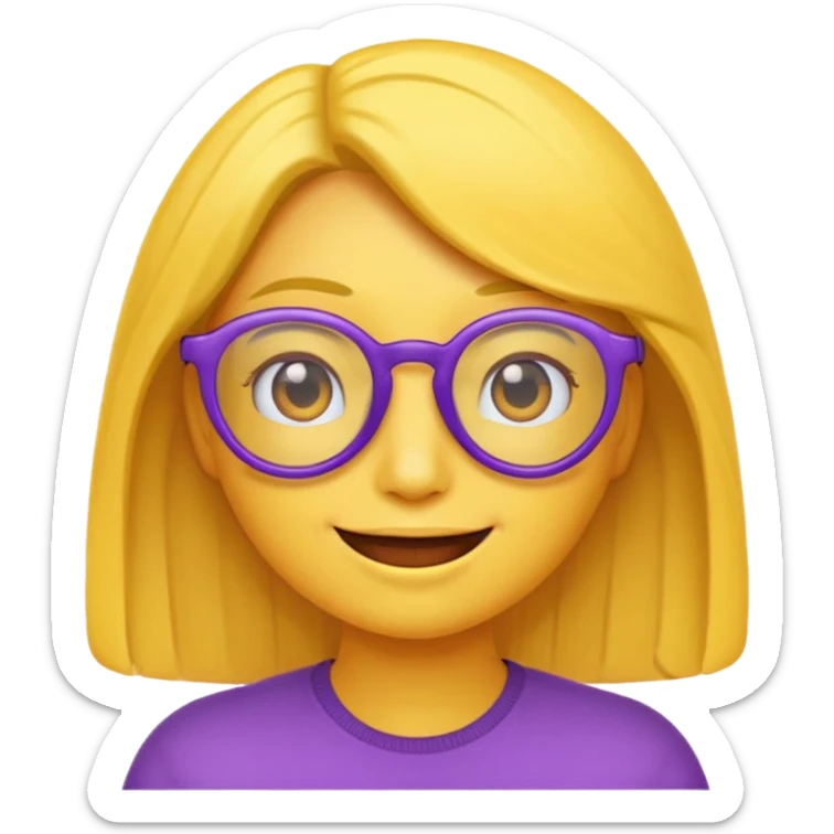 un emojis amarillo, con el cabello corto y lacio, con lentes violeta y una sonrisa sticker