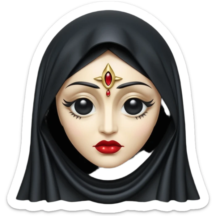Emoji style, gothic religious icon inspired by madonna imagery, single eye motif formed from black metal, draped metallic folds, high-fashion avant-garde aesthetic, heavy sculptural form, no glow, no neon, flat minimalist emoji, centered, transparent background sticker