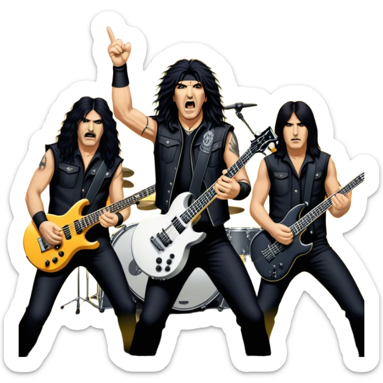 Icon for Heavy Metal: Anthrax live concert with Charlie Benante on drums, Joey Belladonna on vocals, Frank Bello on bass, Jonathan Donais and Scott Ian on guitars. The intense energy of the band is captured with instruments and stage lighting. Transparent background. sticker