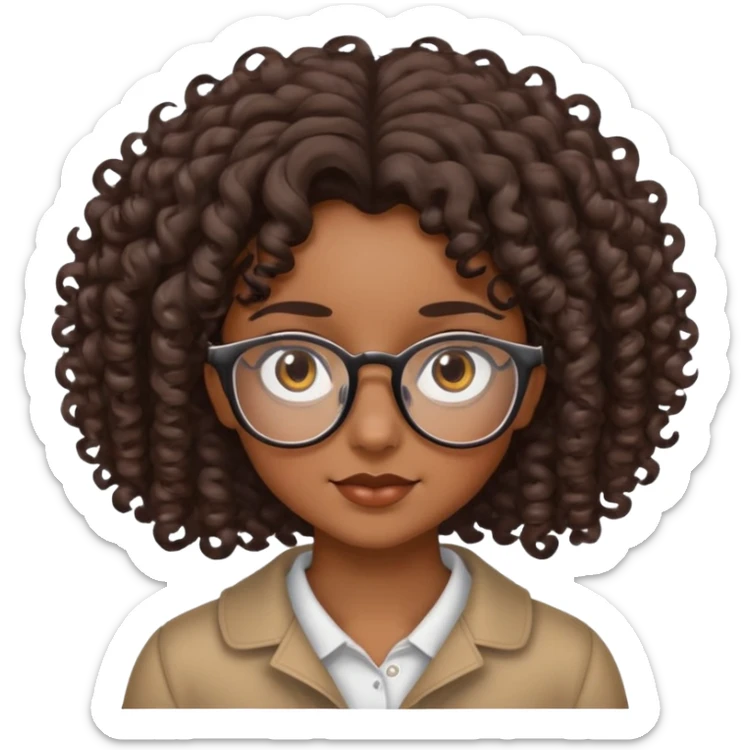 a girl with curly dark brown hair and glasses with brown small eyes sticker