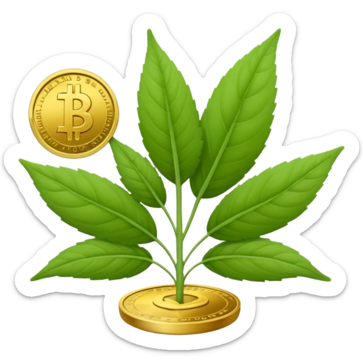 Crea un emoji que sea una hoja botánica (como un brote o una ramita de salvia) con un pequeño símbolo de dólar o una moneda de oro integrada en el centro. Estilo orgánico y profesional. sticker