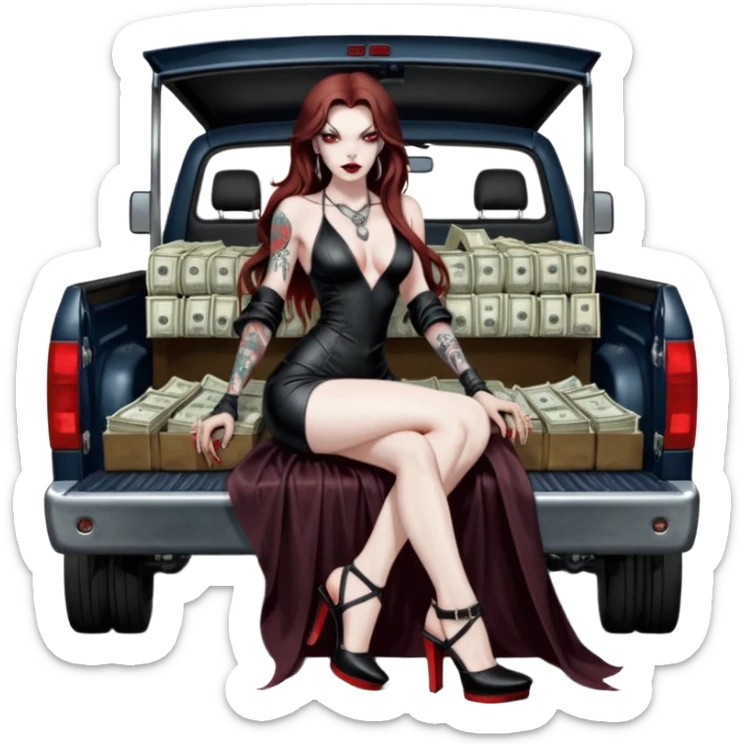 Lilith model red eye seductress evil long brown haired sexy succubus woman with leather long dress with slit, sitting in Big Large F350 pickup truck. Black Platform high heels on feet. Tattoo sleeve arms, seat full of stacks of cash, and a man dead human skull of her enemies and a gun in other hand sticker