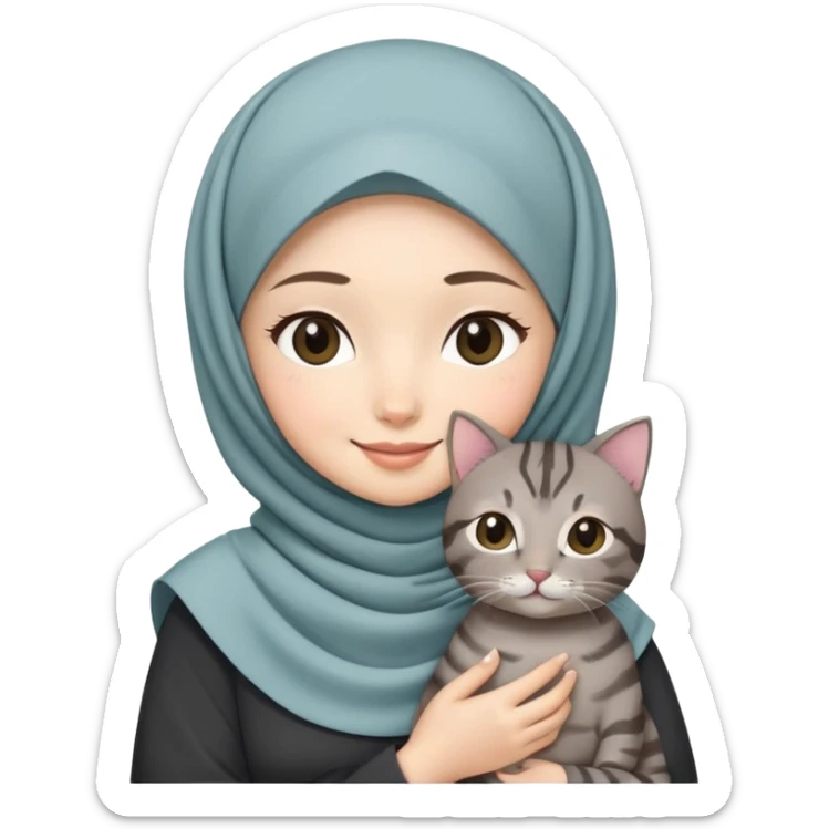 Asian white girl wearing hijab with dress holding a black grey tabby cat while smiling sticker