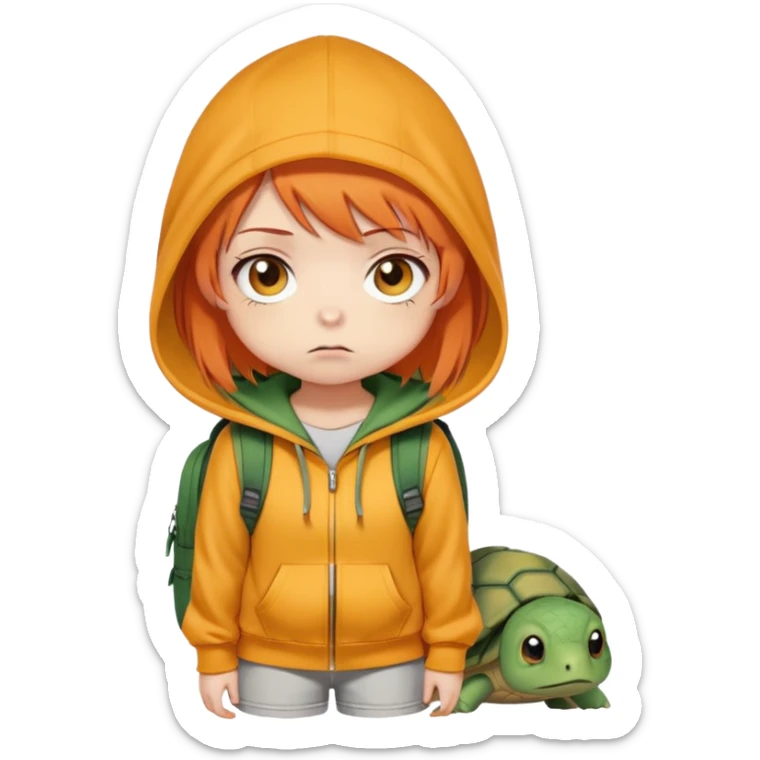The image emoticon depicts a full-body drawing of a girl in a chibi style—she has a big head and a small body, with large, expressive eyes. She has short, orange hair with bangs and looks slightly sad or worried.  

She is wearing a simple yellow hoodie without zippers or buttons, with a hood designed to look like a turtle's head, giving her a cute and cozy appearance. She also carries a backpack that resembles a turtle shell on her back. The drawing is minimal, sketchy, and cute, without small details, as it is meant to be an emoticon. minimal sketchy sticker
