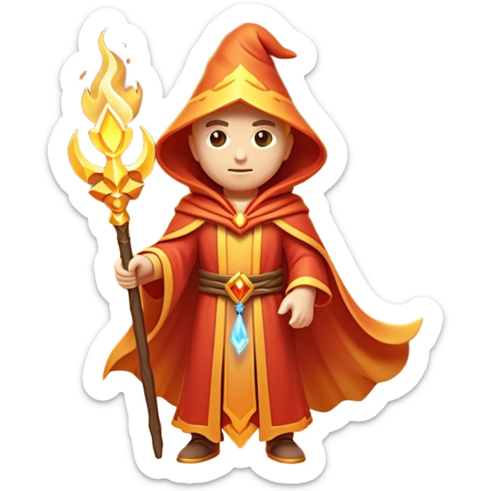 Clash of Clans aesthetic: Cinematic heroic powerful fire Wizard Hero  close up Emoji, rendered in a 3D vector-style similar to standard emojis with minimal shading and bold, simplified shapes. A compact, isometric figure draped in flowing enchanted robes and wielding a mystical staff, softly glowing with an arcane magical charm. Simplified yet unmistakably iconic, highly detailed and consistent, glowing with a soft radiant glow and high shine. Stylized with a touch of whimsical sorcery and a soft glowing outline, capturing the essence of a powerful wizard ready to cast spells with a friendly, playful spirit! sticker