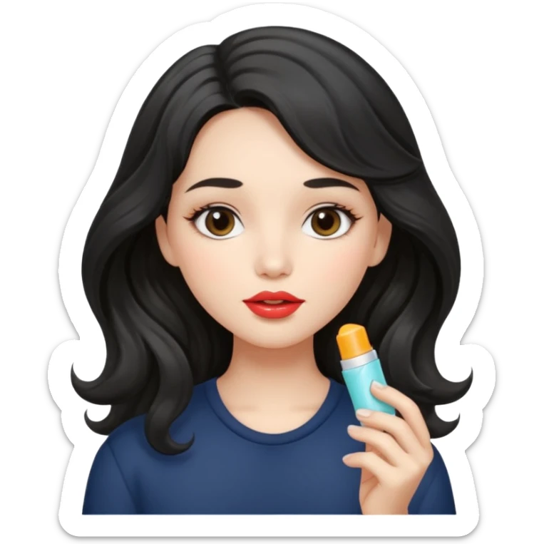 “Girl with light-black wavy hair, soft and flowing. She holds a lip balm just near her lips, about to apply it. The lip balm gives her lips a subtle glossy shine, making them look smooth, hydrated, and naturally pretty sticker