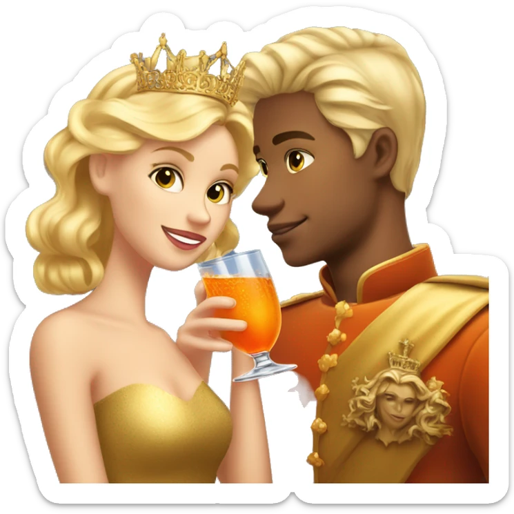beautiful blond princess with crown in a golden dress and a beautiful blond prince drinking aperol sticker