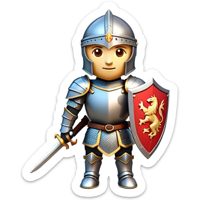 Clash of Clans aesthetic: Cinematic Playful Armored Knight Hero Emoji, rendered in a 3D vector-style similar to standard emojis with minimal shading and bold, simplified shapes. A compact, isometric warrior clad in gleaming plate armor with intricate heraldic details, softly glowing with a chivalrous medieval charm. Simplified yet unmistakably iconic, highly detailed and consistent, glowing with a soft radiant shine and high polish. Stylized with a touch of noble valor and a soft glowing outline, capturing the essence of a gallant knight ready for honorable battle with a friendly, playful manner! sticker