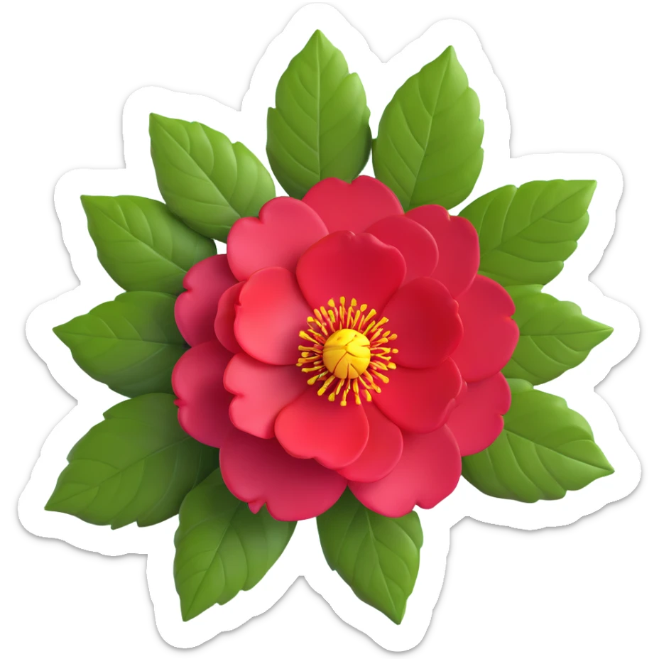 Detailed camellia japonica (tsubaki) flower with rich red formal double form petals, yellow stamens and shiny evergreen leaves sticker