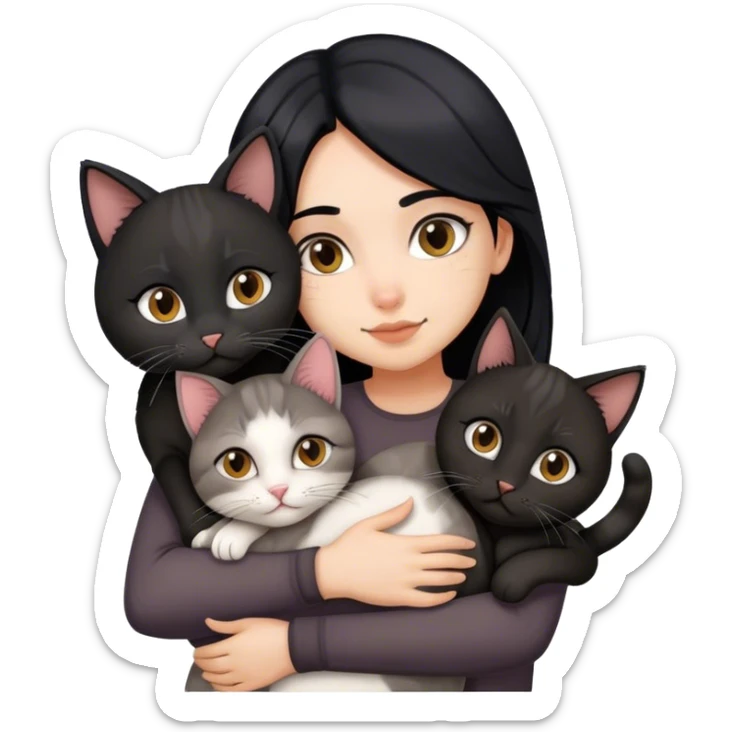 girl with black hair hugging three cats  (black cat, gray cat, brown calico cat) sticker