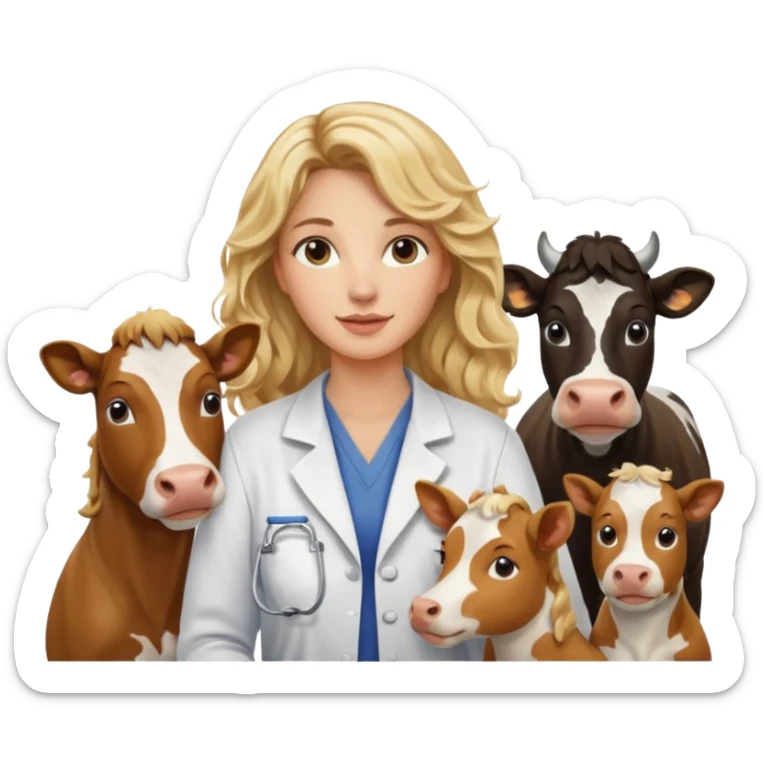 Joven mujer, de cabello bajo los hombros rubio con ondas, veterinaria de perros, vacas y caballos sticker