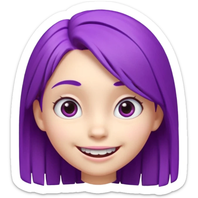 A cute 3D animated emoji character of a young girl face with vibrant purple hair. She has big expressive eyes and a wide happy smile showing teeth. The style is like a Pixar or Disney movie character, soft textures, high quality CGI render, isometric view, on a solid plain white background. sticker
